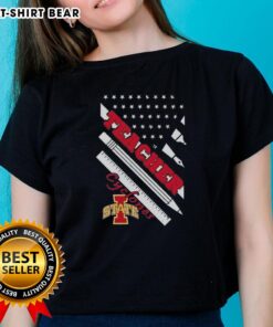 Alt Text: Premium Iowa State Cyclones X Teacher American Flag Ladies Tee featuring vibrant colors and stylish design.