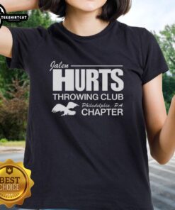 Alt Text: Premium Jalen Hurts throwing in Philadelphia Eagles Chapter Ladies Tee, showcasing team spirit and style.