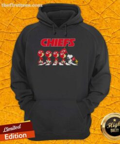 Premium Kansas City Chiefs X Peanuts Snoopy and Friends Abbey Road Hoodie featuring colorful graphics and team logo.