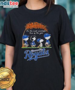 Alt Text: Premium Kansas City Royals X Peanuts Snoopy and Friends autumn ladies tee celebrating the most wonderful time of the year.