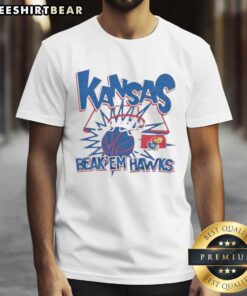 Alt Text: Premium Kansas Jayhawks Beak Em Hawks Slam T-Shirt featuring bold team graphics and vibrant colors for fans.