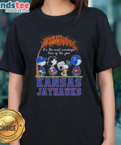 Premium Kansas Jayhawks X Peanuts Snoopy tee for ladies, celebrating autumn and the joy of the season.