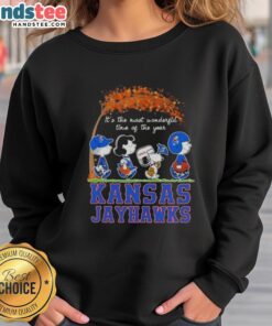 Premium Kansas Jayhawks X Peanuts Snoopy sweatshirt for autumn, celebrating 'It's the Most Wonderful Time of the Year'.