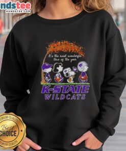 Premium Kansas State Wildcats X Peanuts Snoopy sweatshirt for autumn, celebrating 'It's the Most Wonderful Time' theme.
