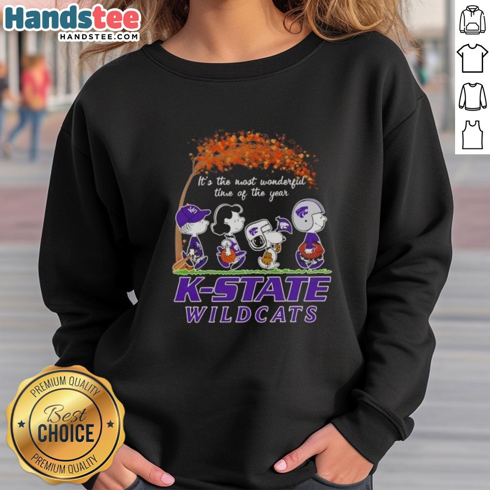 premium-kansas-state-wildcats-x-peanuts-snoopy-and-friends-autumn-its-the-most-wonderful-time-sweatshirt Premium Kansas State Wildcats X Peanuts Snoopy sweatshirt for autumn, celebrating 'It's the Most Wonderful Time' theme.