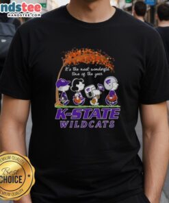 Alt Text: Premium Kansas State Wildcats X Peanuts Snoopy and Friends Autumn T-Shirt celebrating the season's joy.