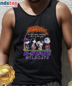 Alt Text: Premium Kansas State Wildcats X Peanuts Snoopy tank top celebrating autumn with friends, perfect for fall fashion.