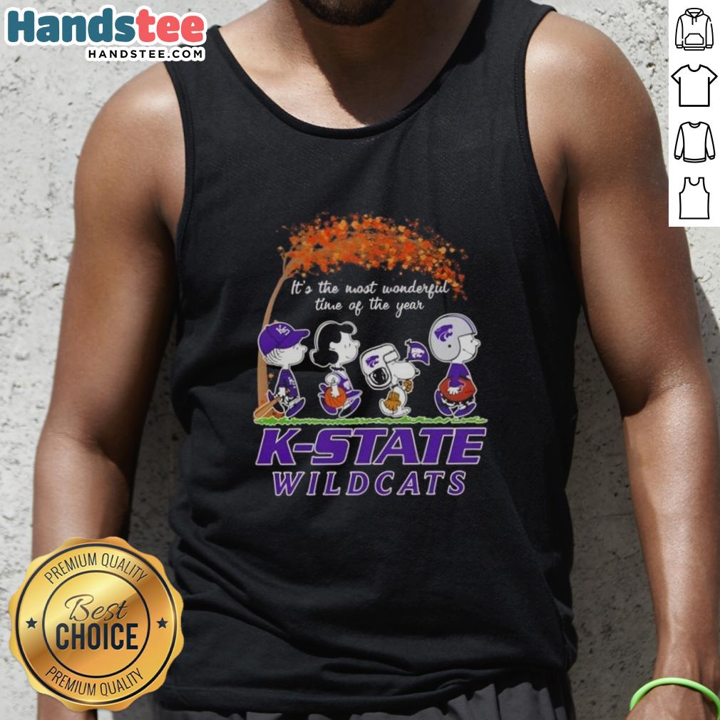 premium-kansas-state-wildcats-x-peanuts-snoopy-and-friends-autumn-its-the-most-wonderful-time-tank-top Alt Text: Premium Kansas State Wildcats X Peanuts Snoopy tank top celebrating autumn with friends, perfect for fall fashion.