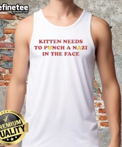 Premium kitten in a tank top ready to punch a Nazi, showcasing humor and bold messages in pet fashion.