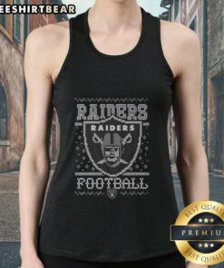 Alt Text: Premium Las Vegas Raiders holiday tank top featuring vibrant team colors and festive design for fans.