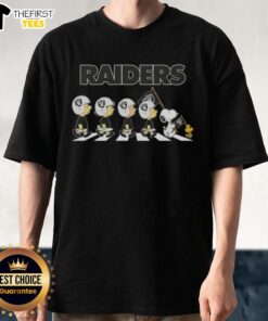Alt Text: Premium Las Vegas Raiders X Peanuts Snoopy and Friends Abbey Road T-Shirt featuring iconic characters and team logo.