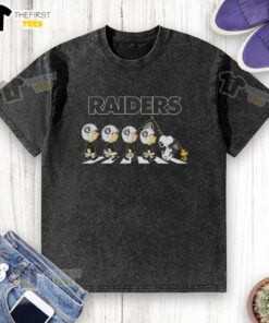Premium Las Vegas Raiders X Peanuts Snoopy and Friends Abbey Road washed t-shirt featuring iconic characters in stylish design.