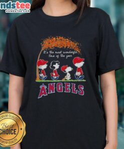 Alt Text: Premium Los Angeles Angels X Peanuts Snoopy and Friends autumn ladies tee, celebrating the most wonderful time of year.