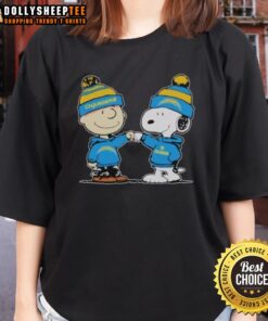 Premium Los Angeles Chargers Snoopy and Charlie Brown best friends ladies tee showcasing vibrant graphics and team spirit.