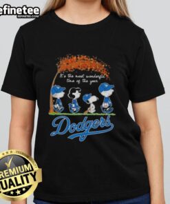 Premium Los Angeles Dodgers X Peanuts Snoopy autumn ladies tee celebrating the most wonderful time of the year.