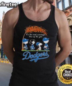 Alt Text: Premium Los Angeles Dodgers X Peanuts Snoopy tank top featuring autumn design, perfect for the most wonderful time of the year.