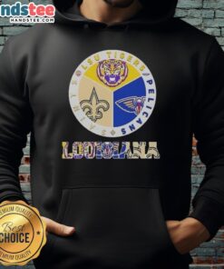 Premium Louisiana City sports hoodie featuring LSU Tigers, Pelicans, and Saints logos for ultimate fan style.