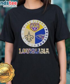 Alt Text: Premium Louisiana City sports tee for ladies featuring LSU Tigers, Pelicans, and Saints logos.
