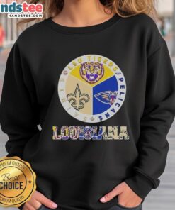 Premium Louisiana City Sports sweatshirt featuring LSU Tigers, Pelicans, and Saints logos for ultimate fan style.