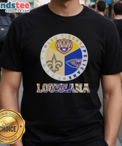 Premium Louisiana City T-Shirt featuring LSU Tigers, Pelicans, and Saints logos for sports fans.