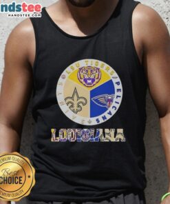 Premium Louisiana City sports tank top featuring LSU Tigers, Pelicans, and Saints logos for ultimate fan style.