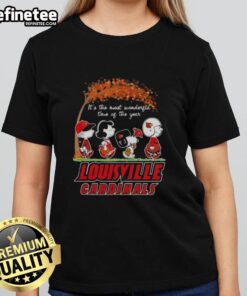 Premium Louisville Cardinals X Peanuts Snoopy and Friends autumn ladies tee celebrating the most wonderful time of the year.