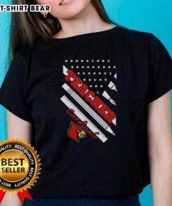 Alt Text: Premium Louisville Cardinals X Teacher American Flag Ladies Tee showcasing a stylish design for fans and educators.