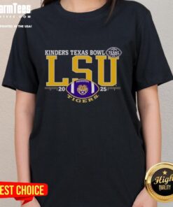 Premium LSU Tigers 2025 Kinders Texas Bowl logo on a stylish ladies tee, perfect for game day attire.