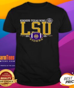 Alt Text: Premium LSU Tigers 2025 Kinder's Texas Bowl logo t-shirt featuring vibrant colors and team branding. Perfect for fans!