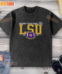 Alt Text: Premium LSU Tigers 2025 Kinders Texas Bowl logo on a washed t-shirt, showcasing team spirit and style.