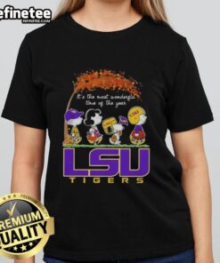 Alt Text: Premium LSU Tigers X Peanuts Snoopy and Friends autumn ladies tee, perfect for the most wonderful time of the year.