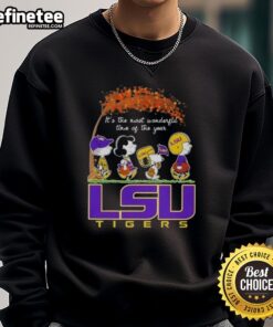 Premium LSU Tigers X Peanuts Snoopy and Friends autumn sweatshirt celebrating the festive season and holiday spirit.
