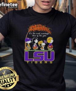 Alt Text: Premium LSU Tigers x Peanuts Snoopy and Friends autumn t-shirt celebrating 'It's the Most Wonderful Time of the Year.'