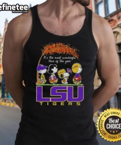 Alt Text: Premium LSU Tigers tank top featuring Snoopy and friends celebrating autumn, perfect for the most wonderful time of the year.