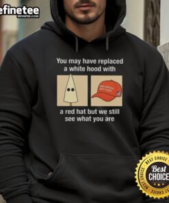 Alt Text: Premium hoodie featuring 'You may have replaced a white hood with a red hat' slogan, highlighting social commentary.