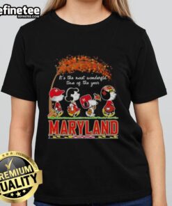 Premium Maryland Terrapins X Peanuts Snoopy and Friends autumn ladies tee celebrating the most wonderful time of the year.