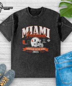 Premium Miami Hurricanes College Football Playoff 2025 Cotton Bowl washed t-shirt in vibrant orange and green colors.