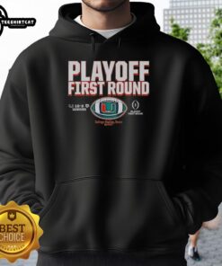 Premium Miami Hurricanes Football 2025 CFP Playoff First Round Winner Hoodie showcasing team logo and vibrant colors.