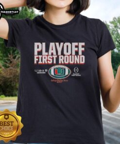 Premium Miami Hurricanes Football 2025 CFP Playoff First Round Winner Ladies Tee showcasing team pride and style.