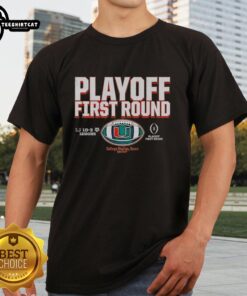 Premium Miami Hurricanes Football 2025 CFP Playoff First Round Winner T-Shirt featuring team logo and vibrant colors.