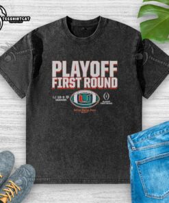 Premium Miami Hurricanes Football 2025 CFP Playoff First Round Winner washed t-shirt in vibrant team colors.