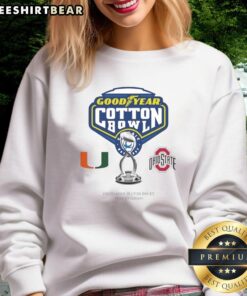 Alt Text: Premium Miami Hurricanes vs Ohio State Buckeyes 2025 Goodyear Cotton Bowl logo sweatshirt featuring vibrant team colors.
