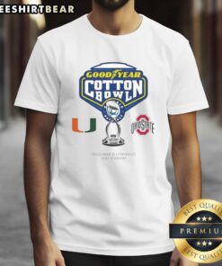 Premium Miami Hurricanes vs Ohio State Buckeyes 2025 Goodyear Cotton Bowl logo T-shirt featuring vibrant team graphics.