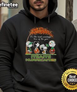 Premium Miami Hurricanes X Peanuts Snoopy and Friends hoodie for autumn, featuring vibrant graphics and cozy design.