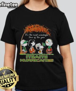 Premium Miami Hurricanes X Peanuts Snoopy and Friends autumn ladies tee celebrating the most wonderful time of the year.