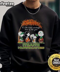 Premium Miami Hurricanes X Peanuts Snoopy and Friends autumn sweatshirt featuring festive design for the holiday season.