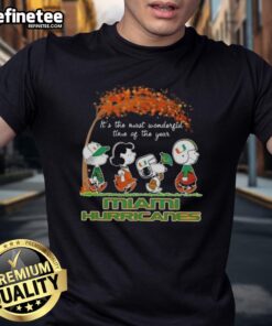Premium Miami Hurricanes X Peanuts Snoopy T-Shirt for autumn, celebrating 'It's The Most Wonderful Time Of The Year'.