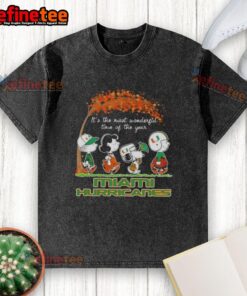 Premium Miami Hurricanes X Peanuts Snoopy and Friends autumn washed t-shirt, perfect for fall festivities and game day.
