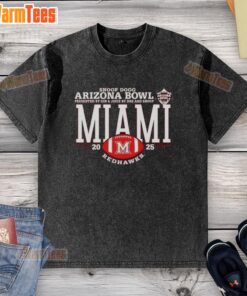Alt Text: Premium Miami Redhawks 2025 Snoop Dogg Arizona Bowl logo on a washed t-shirt, showcasing vibrant colors and design.