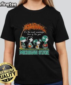 Alt Text: Premium Michigan State Spartans X Peanuts Snoopy and Friends Autumn tee for ladies, perfect for fall celebrations.